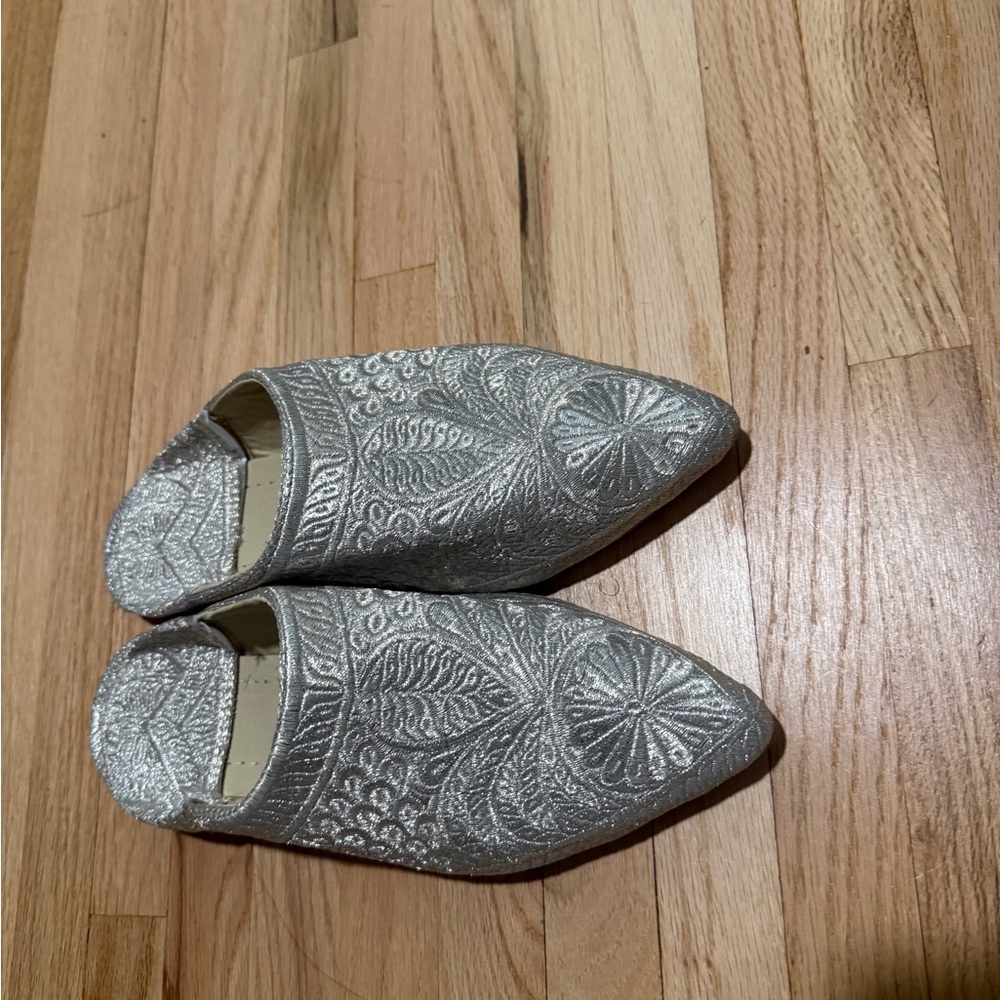 Authentic Moroccan Flats Silver Embroidered Pointed Mule Flats for Women